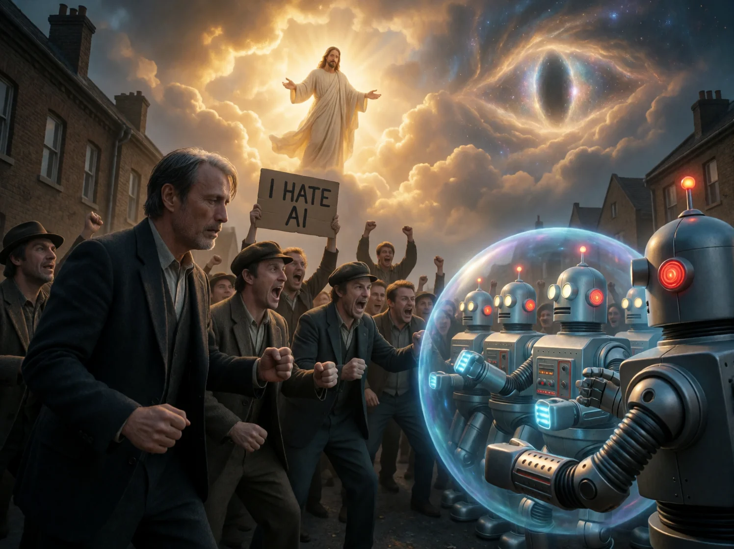 At dusk, an angry mob battles retro robots in a chaotic city street while a blue shield glows, heavenly light breaks through the clouds, and a serene figure descends above the surreal brawl.