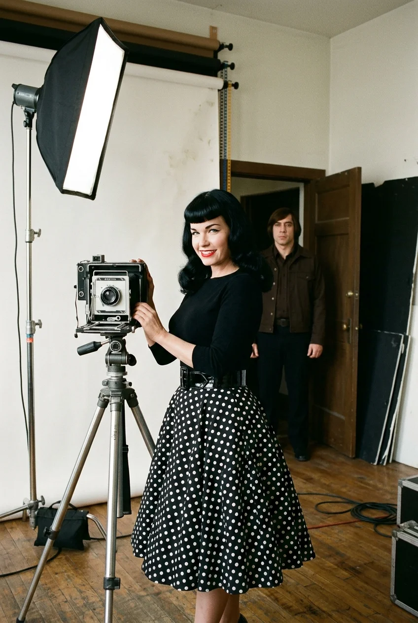 A vintage fashion model poses beside a classic studio camera while a stern man observes near a partially closed door, surrounded by softboxes, reflectors, and a seamless backdrop in a mid-century photography studio.
