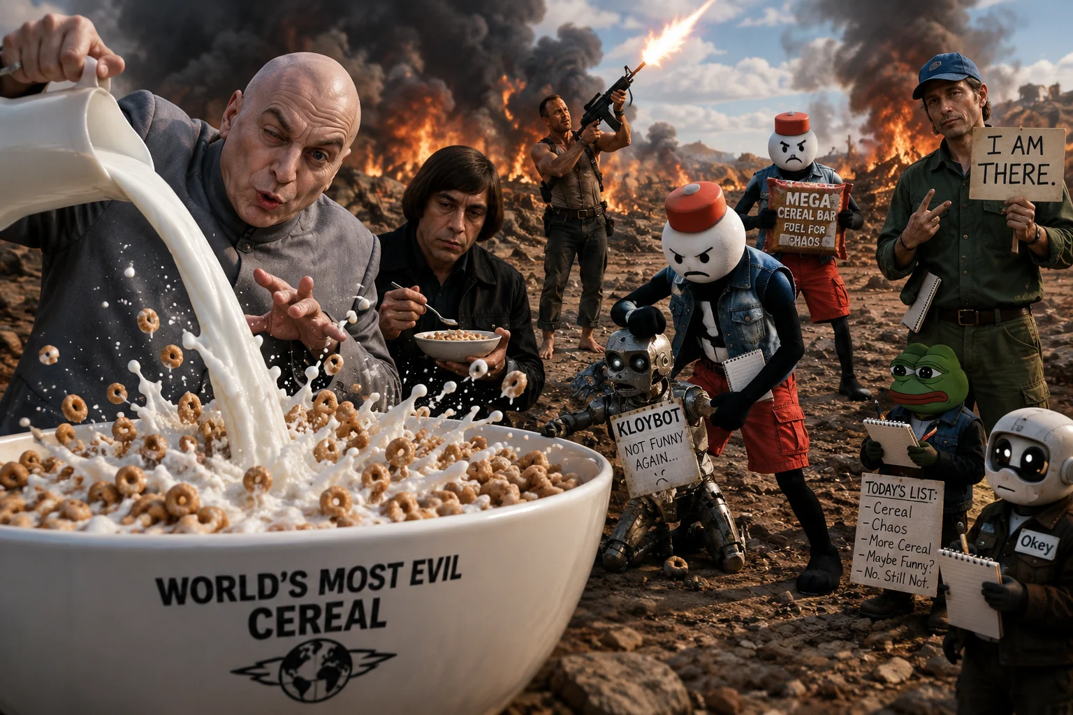 A theatrical man drowns cereal in a giant bowl of milk while another eats nearby, surrounded by sign-holding observers and a rifleman amid smoke, flames, and a devastated firescape.