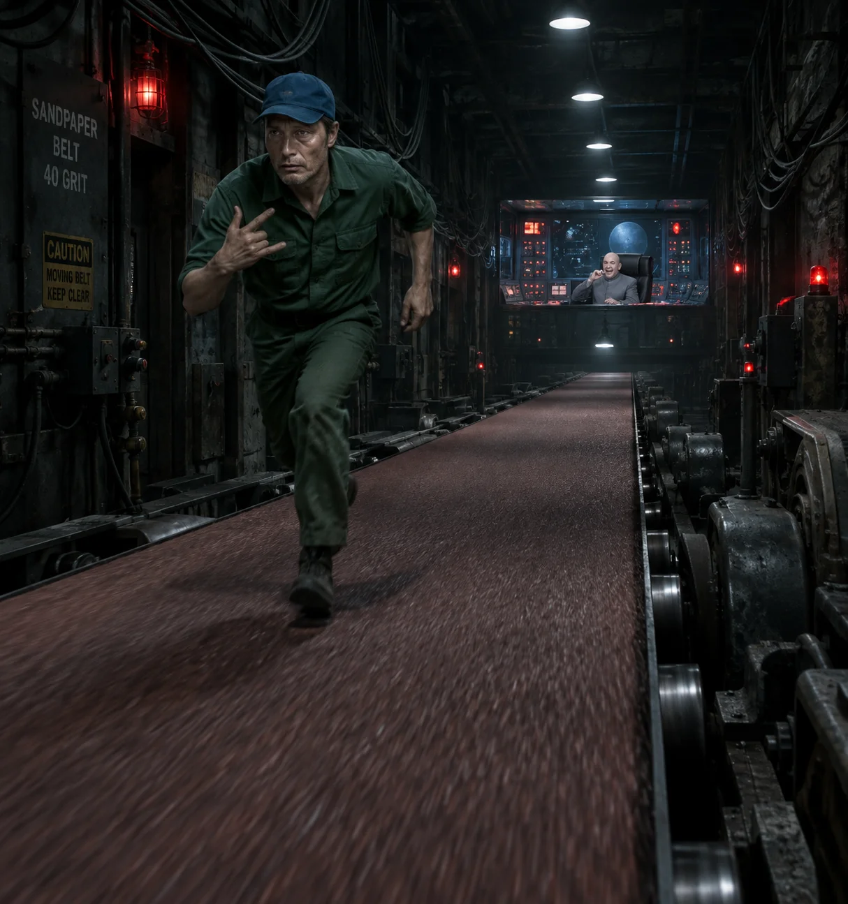 A man in a blue cap and green clothes runs against a coarse sandpaper conveyor in a dim industrial control room while a laughing figure watches from a distant bank of glowing panels.