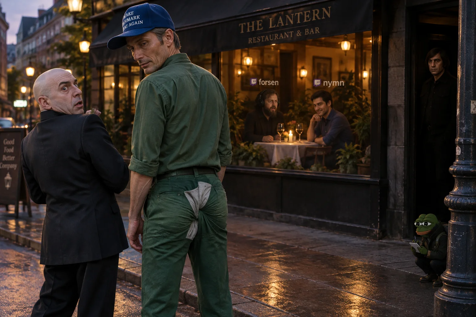 At dusk outside a warmly lit restaurant, a bald villain in black turns in shock as a pale man in a blue cap wears comically twisted green pants, while diners and shadowy onlookers watch.