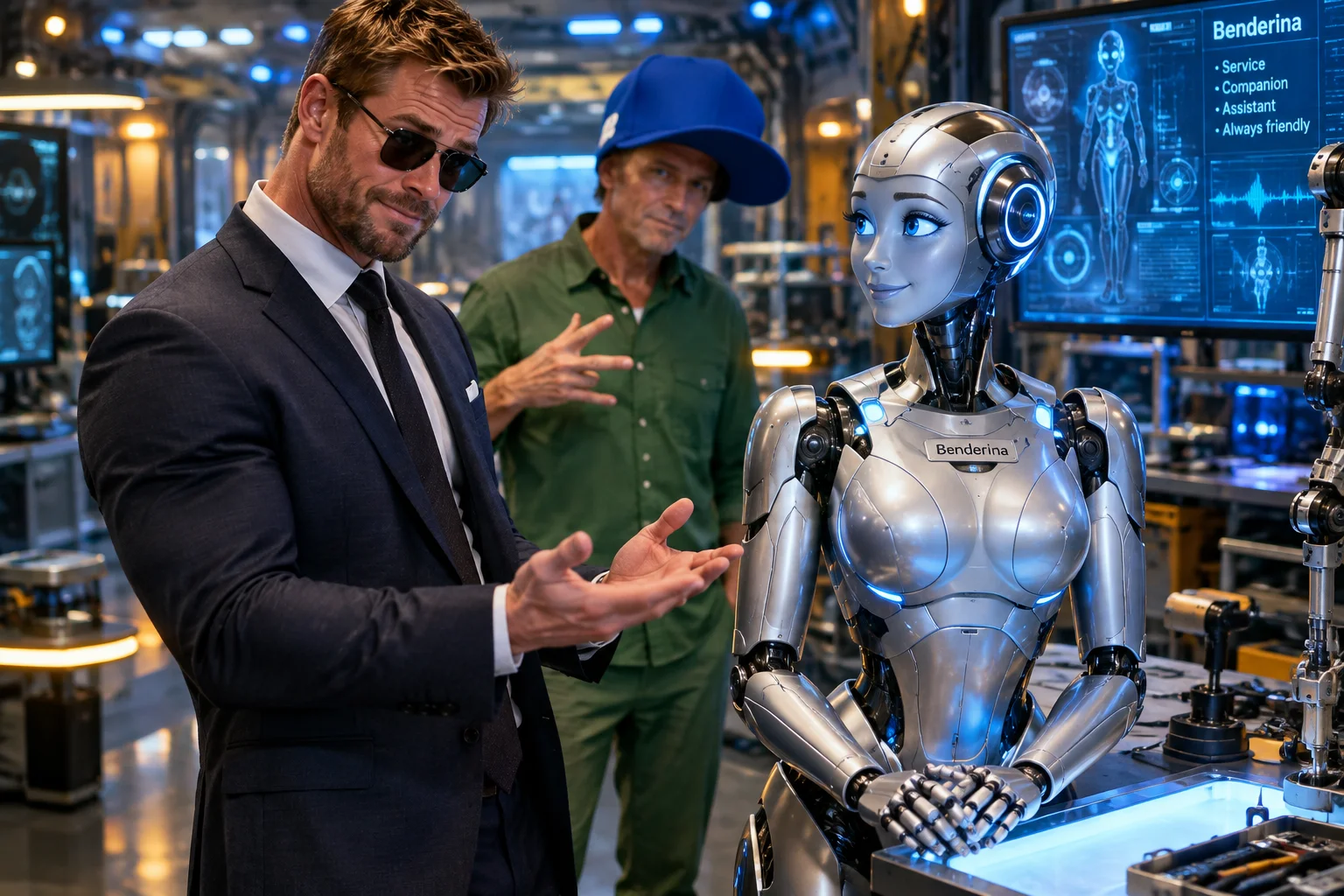 In a futuristic robotics workshop, a suited man in sunglasses gestures skeptically toward an elegant humanoid robot, while a man in a huge blue cap makes a hand sign in the background.