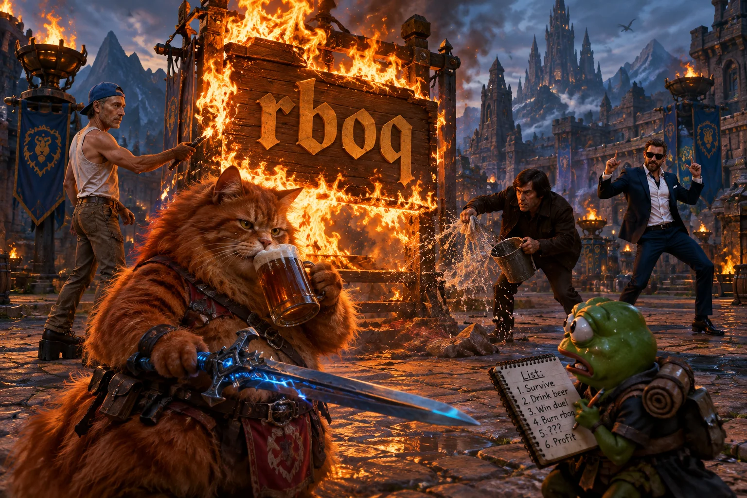 In a medieval-fantasy town square at smoky twilight, a red-haired cat sips beer while dueling a note-taking frog, with a burning sign and frantic firefighters behind them.