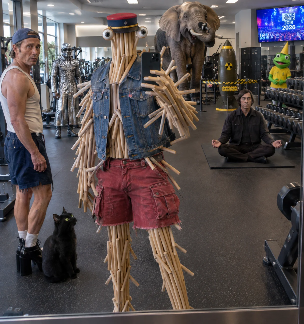 In a brightly lit modern gym, a bizarre stickman in a pillbox hat and denim outfit takes a mirror selfie, surrounded by gym-goers, a cat, an elephant, and other surreal characters.