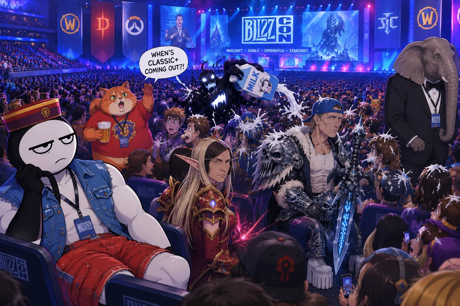 A packed anime-style gaming convention audience watches a brightly lit stage, while a bored stickman, beer-sipping cat, fantastical cosplayers, a milk-splashing void creature, and a tuxedoed elephant add chaotic humor in the foreground.