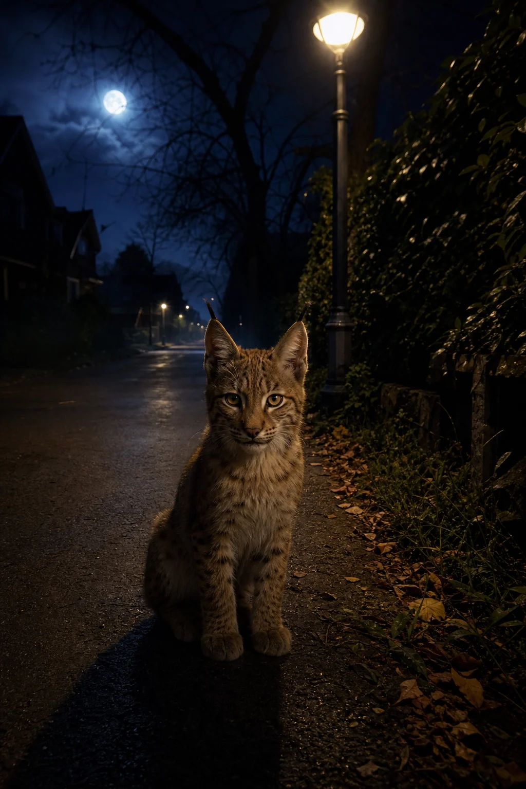 A wild lynx kitten with tufted ears sits beneath a streetlamp on a quiet residential path at midnight, watching the viewer amid misty trees, deep blue shadows, and empty houses.