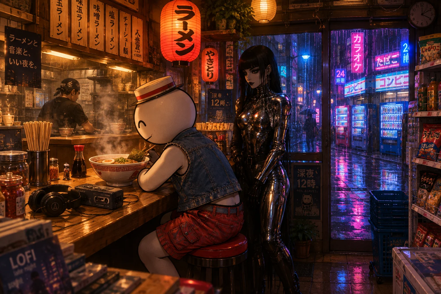 A friendly stickman in a pillbox hat enjoys steaming ramen at a cozy Japanese shop counter, beside a goth figure, while rain, vending machines, and neon lights glow outside.