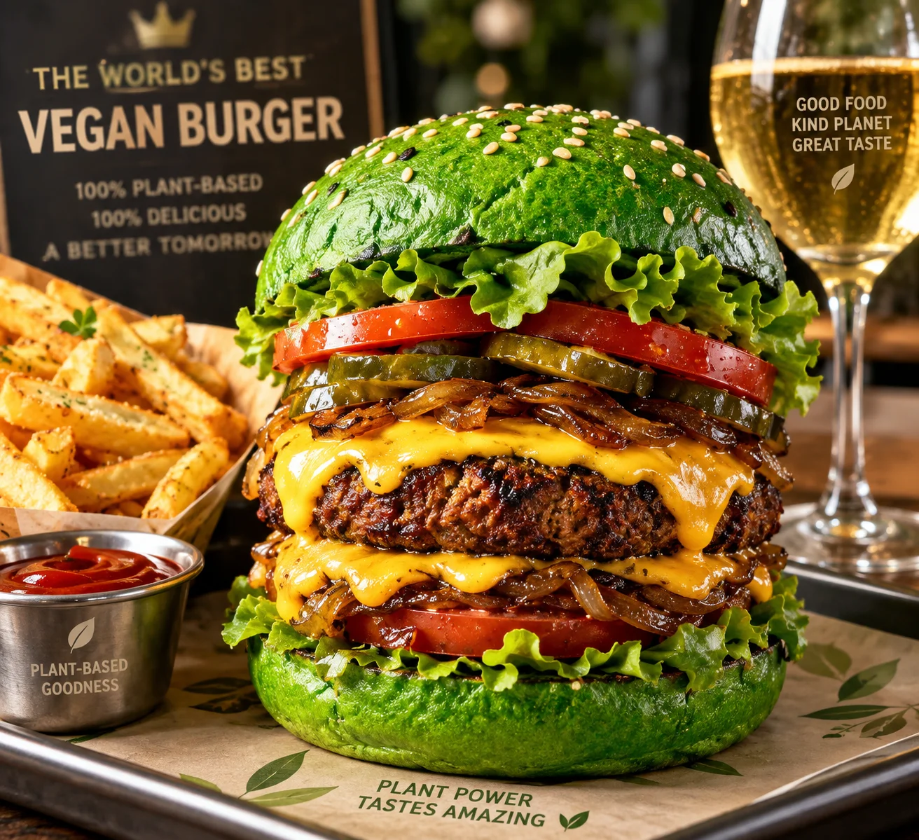 A towering vegan burger with vivid green buns, layered vegetables, plant-based patty, and melted cheese is presented with fries and a glass of vegan wine on a tray in glossy studio lighting.