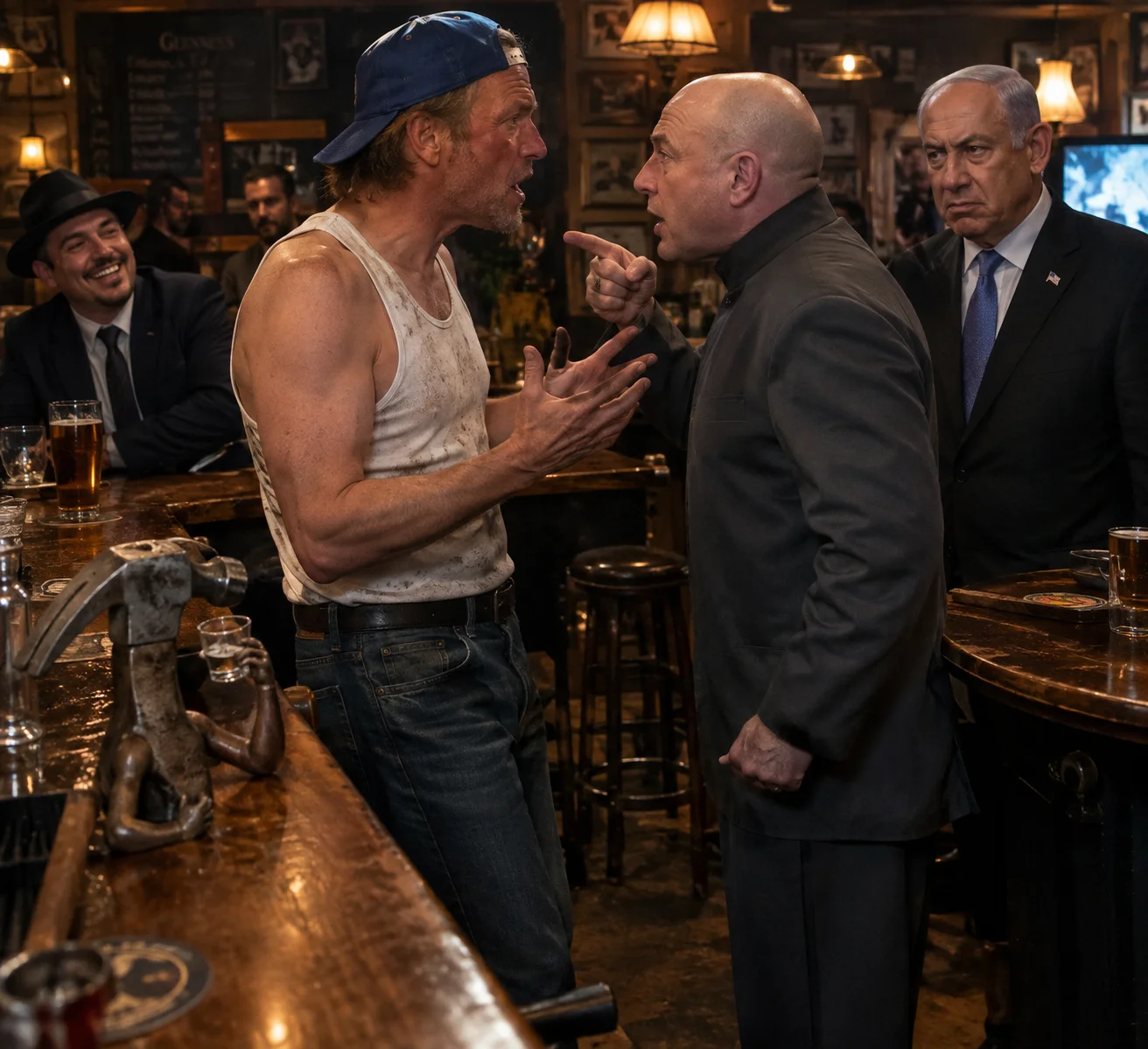 Two flamboyantly dressed men argue face-to-face at a dimly lit neighborhood pub bar while amused and angry onlookers watch, with a bizarre metal claw hammer holding a vodka glass in the foreground.