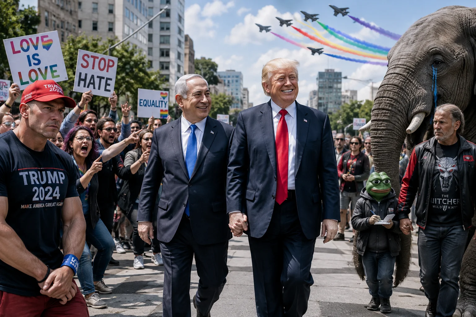 On a busy city avenue, Benjamin Netanyahu and Donald Trump walk hand in hand smiling as protesters surround them, with a disappointed John Cena, a tearful elephant, and rainbow-flagged fighter jets overhead.