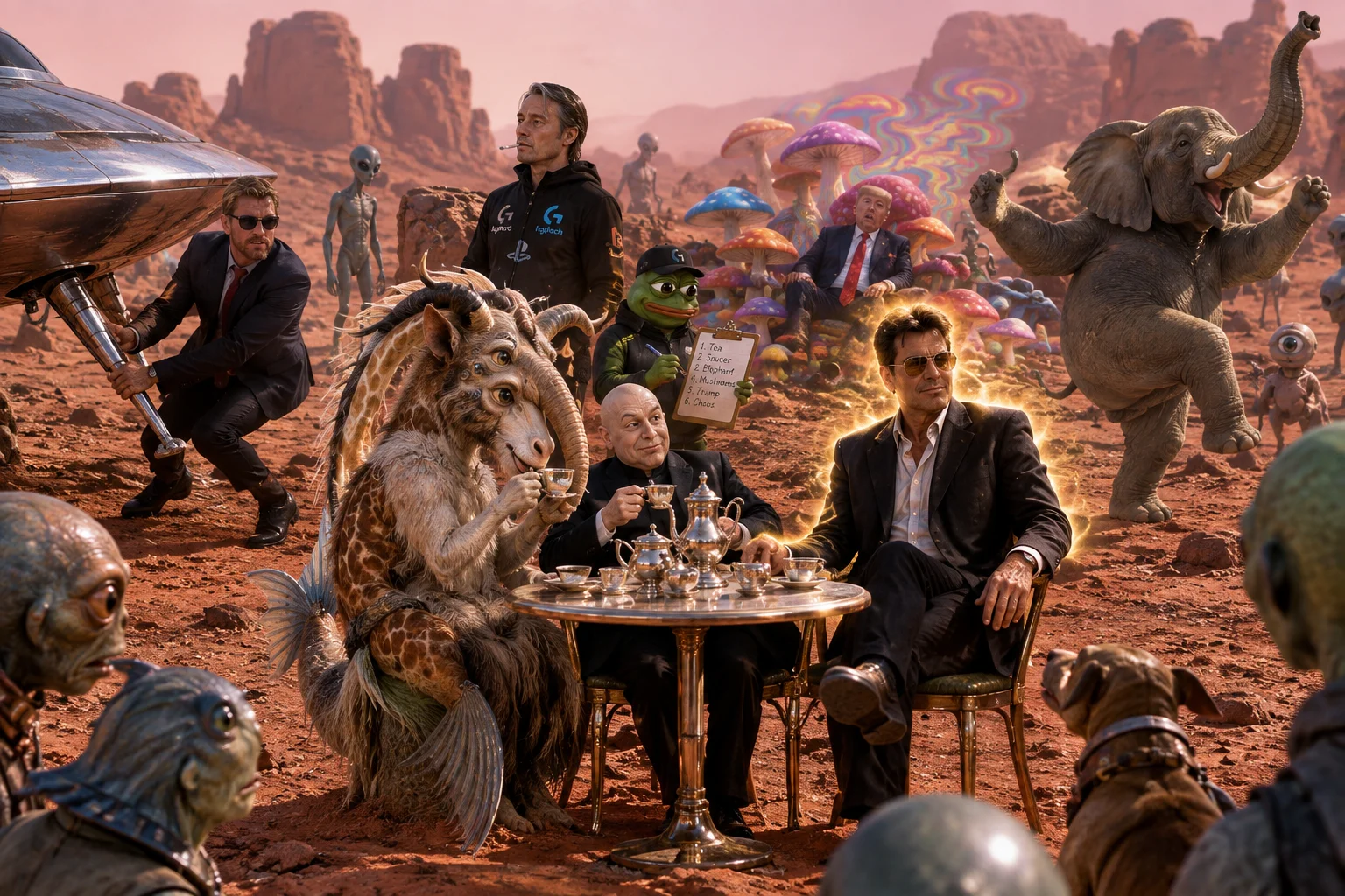 A fantastical hybrid creature and miniature suited villain drink tea with curious aliens on Mars, while a suited man drags a flying saucer, an elephant dances, and colorful mesas and mushrooms fill the hazy red landscape.