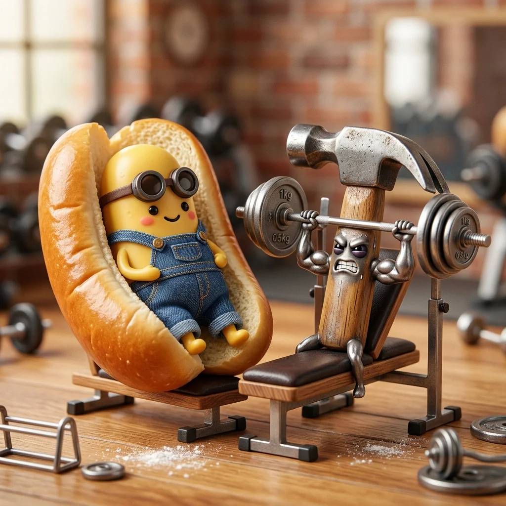 A yellow goggle-wearing bean character sits inside a glossy hot dog bun while an anthropomorphic metal hammer bench-presses beside it in a warmly lit studio gym setting.