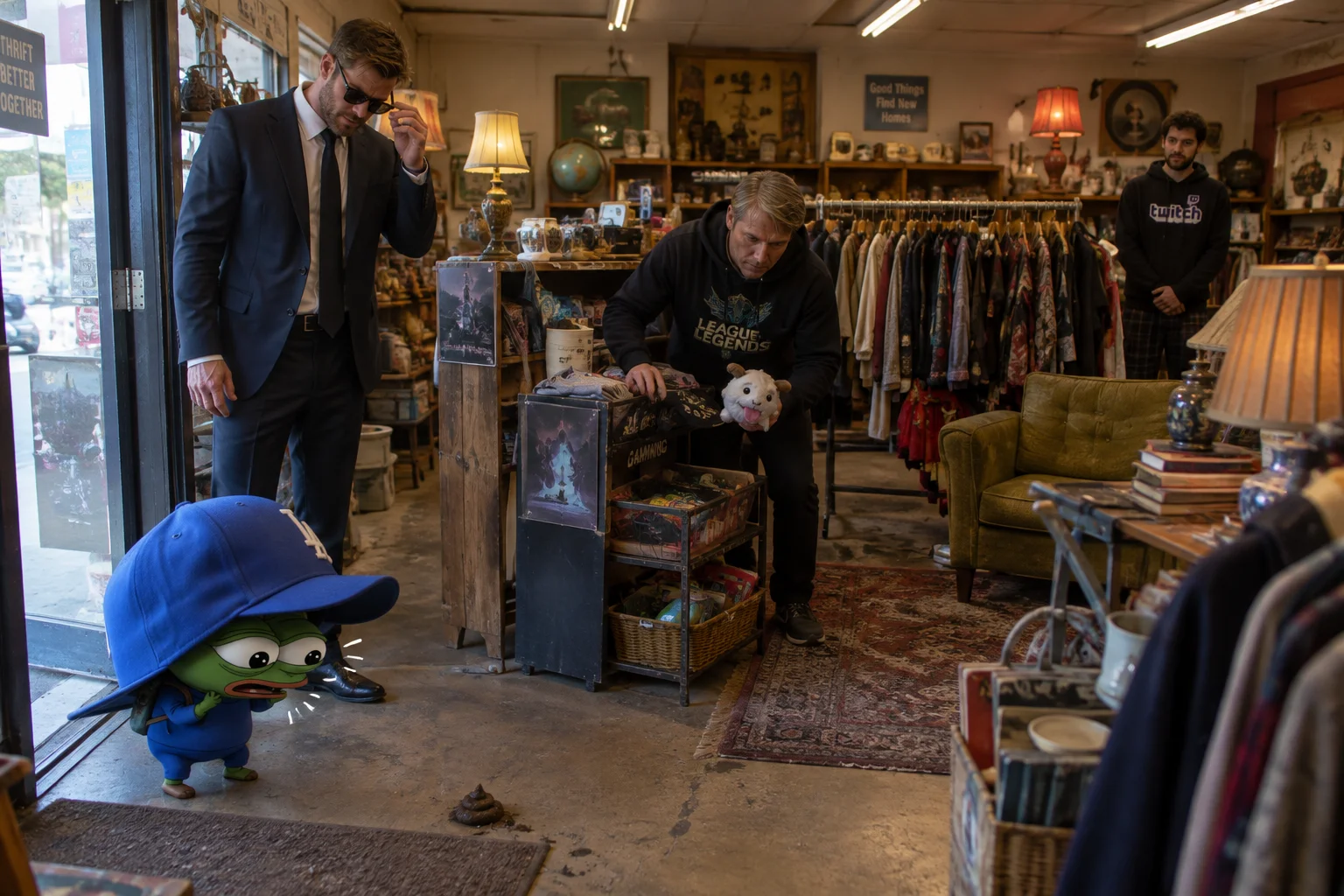 In a cluttered thrift store, a tiny figure in an oversized blue cap reacts to a mess on the floor while a suited man looks confused, another shopper searches shelves, and an observer stands in the background.