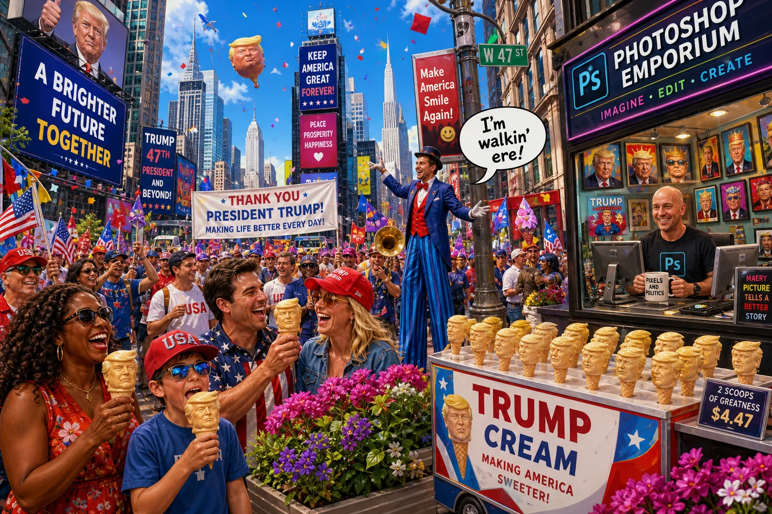 A cheerful parade honoring Donald Trump fills a colorful, clean Times Square, with diverse revelers, a novelty ice cream vendor, a street performer, and Manhattan skyscrapers under a bright blue sky.