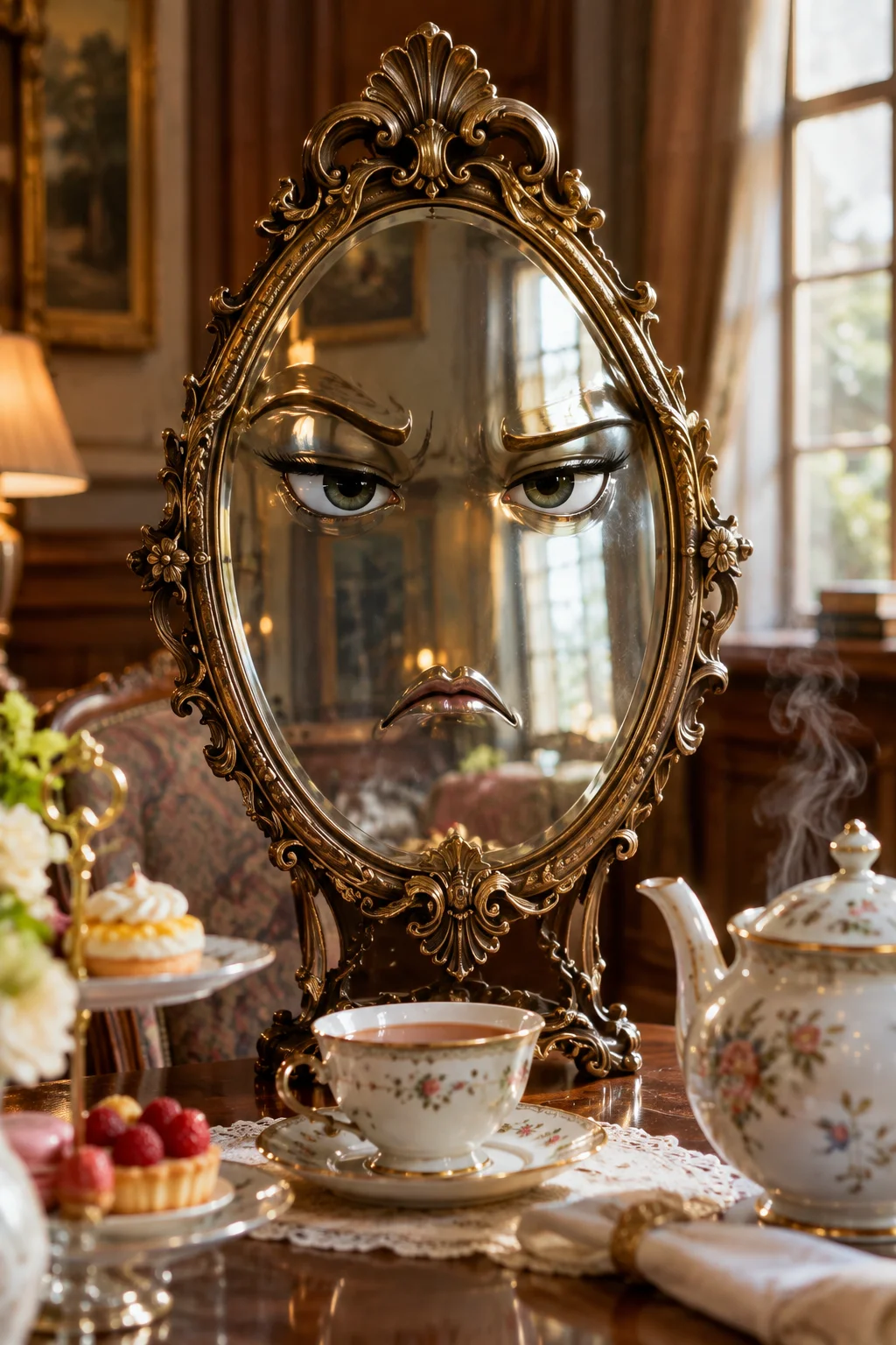 A judgmental anthropomorphic antique mirror sits at an elegant tea table with a steaming teapot, cup, saucer, and pastries in a warmly lit parlor.