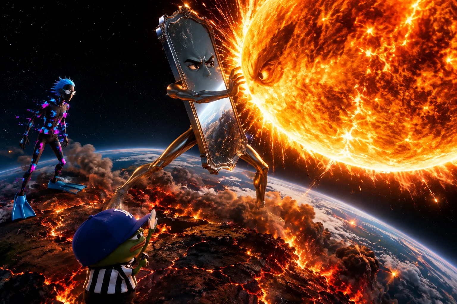 A judgmental anthropomorphic mirror battles a blazing miniature sun above a scorched, smoke-filled Earth, while a masked glitchy figure watches and a tiny capped referee signals in the foreground.
