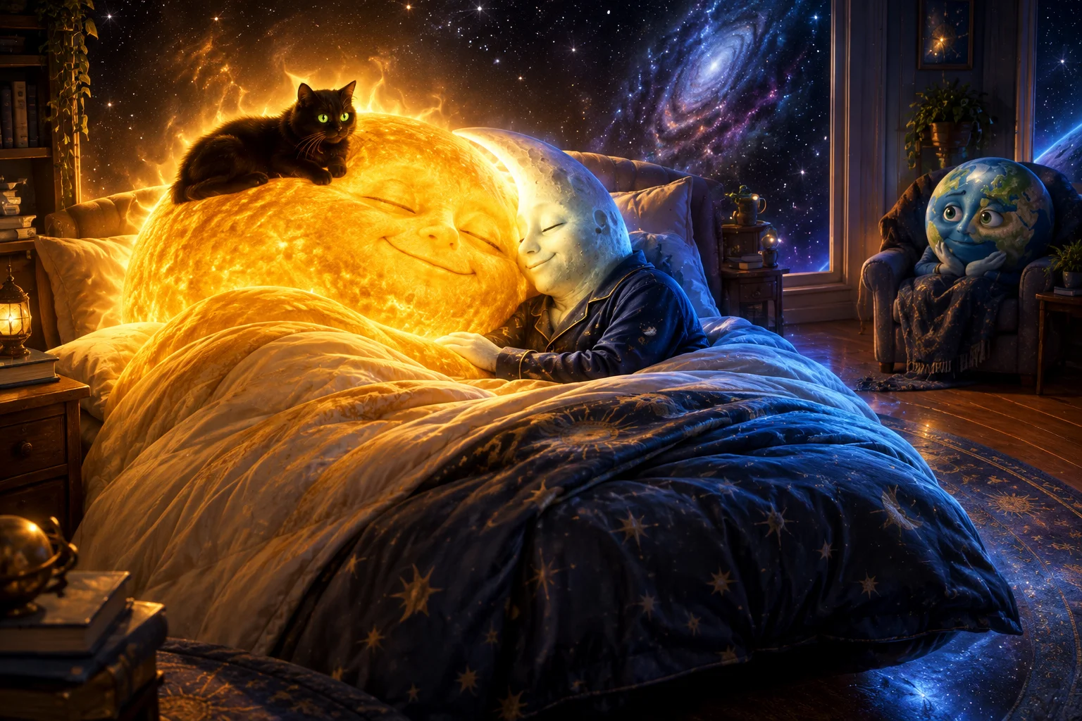 A glowing anthropomorphic Sun and crescent Moon cuddle on a bed in a surreal space bedroom, while Earth watches from a corner chair and a black cat lounges on the Sun.