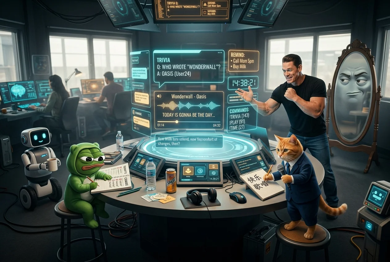 A lively control room features people, friendly robots, a suited cat with a microphone, a note-taking frog, and a determined muscular man gathered around a glowing holographic table while a skeptical mirror observes from the background.