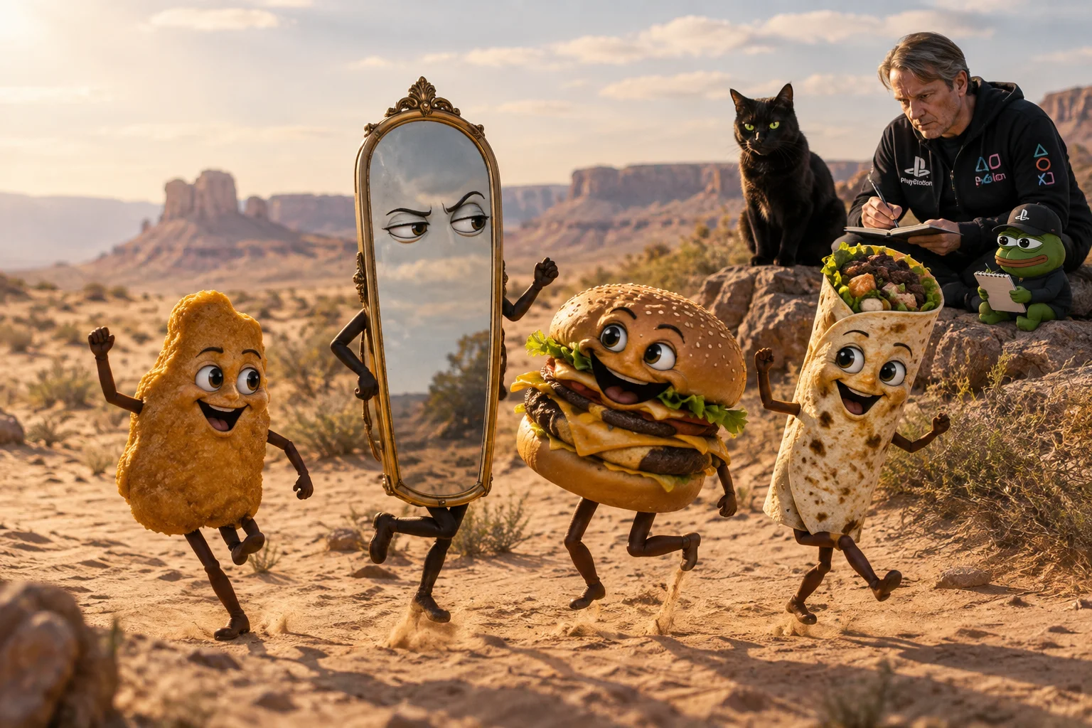 A judgmental anthropomorphic mirror dances with a chicken nugget, cheeseburger, and kebab wrap in a sunlit desert, while a stern black cat and two note-taking observers watch from beside the dunes.