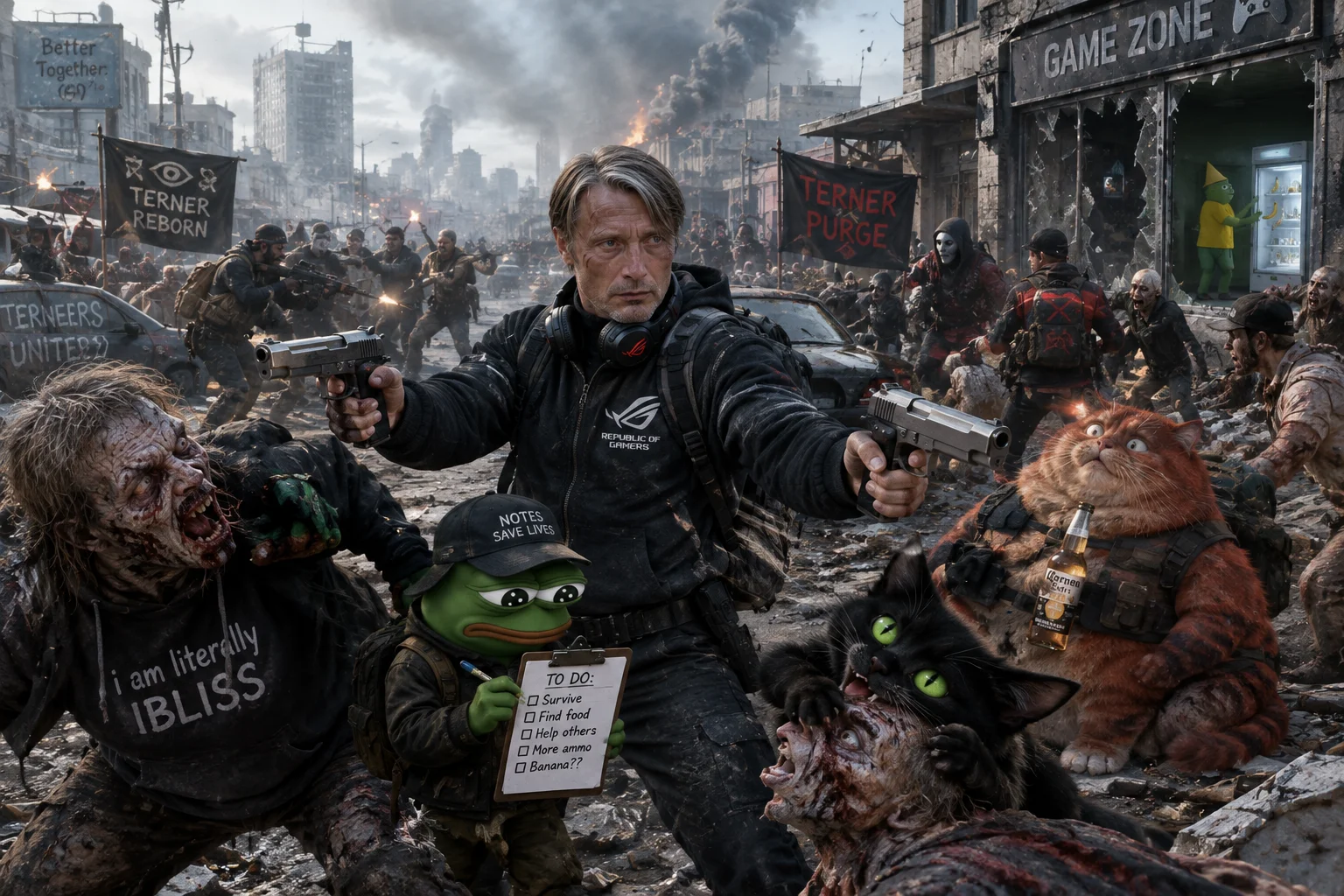 A sharp-featured survivor with two pistols defends a tiny green frog taking notes as zombies, a biting black cat, and a beer-sipping red-haired cat clash amid smoke, rubble, and abandoned cars on a ruined city street.