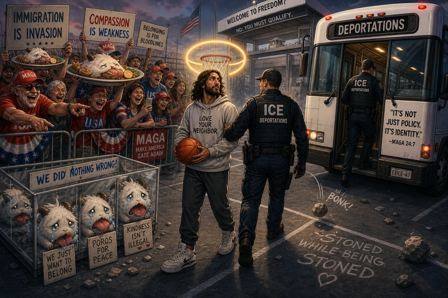 A haloed Middle Eastern man in streetwear holds a basketball on a chaotic immigration checkpoint basketball court as a laughing crowd points, while fantasy creatures sit behind transparent cages near a deportation bus.