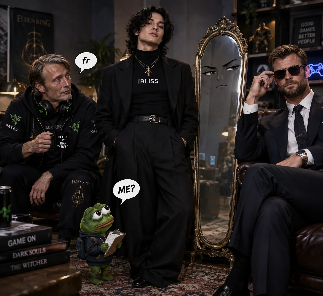 A surreal studio group portrait shows a confident central figure beside a judgmental anthropomorphic mirror, while a tiny note-taking frog and two sharply dressed men flank the scene under dramatic lighting.