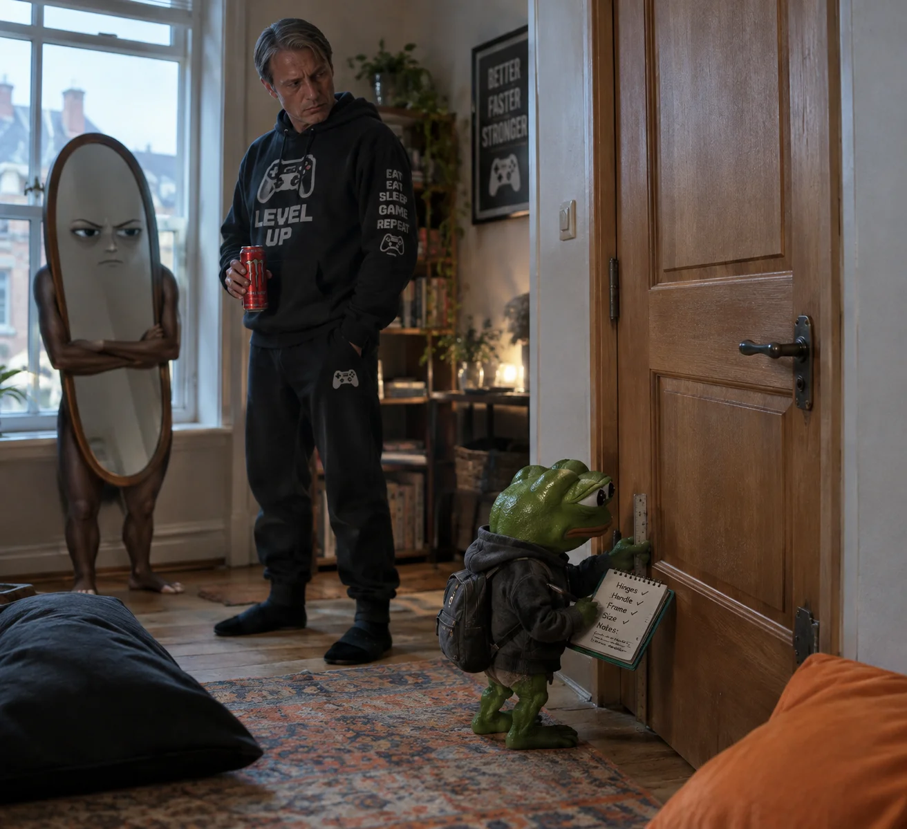 A tiny green frog studies a closed wooden door with a ruler and notebook in a surreal room, watched by an irritated man, an anthropomorphic mirror, and pillows in natural window light.