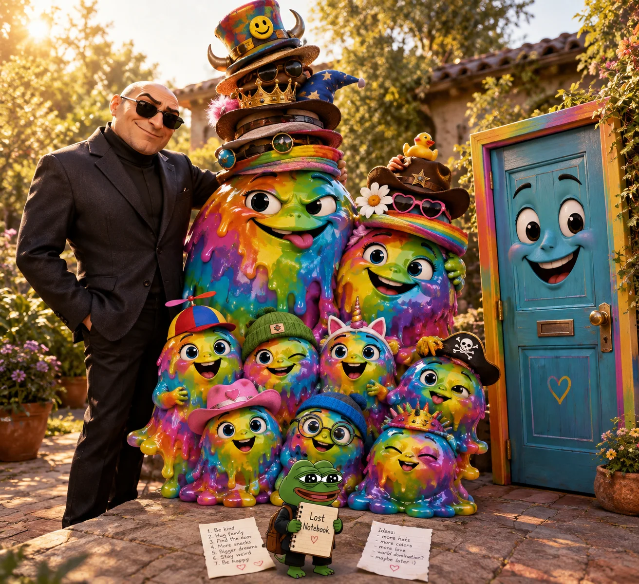 A surreal family portrait shows a rainbow-glossy puddle parent with seven hat-wearing puddle children, a suited uncle, a friendly painted door, and a note-taking frog posing in a sunlit garden courtyard.