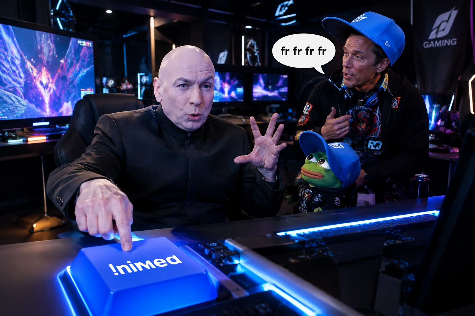 In a dramatic high-tech gaming command center, a bald man in a black suit presses an oversized glowing keyboard key while a cap-wearing man and tiny blue-capped character react beside him.