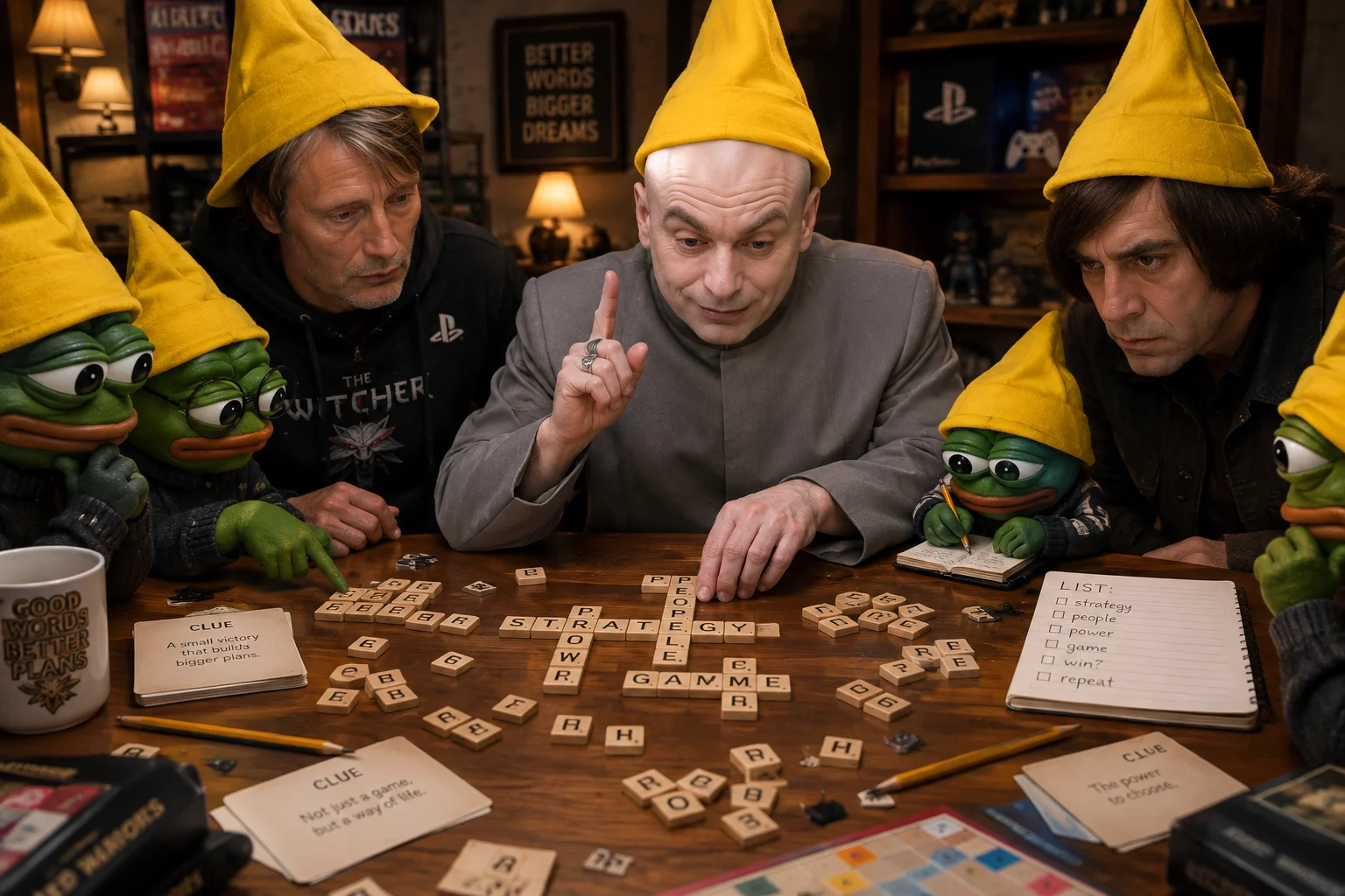 Small yellow-hatted creatures gather around a warm wooden game-room table, intensely debating scattered letter tiles and clues, while a suited leader gestures confidently and companions study, arrange, and record the word puzzle.
