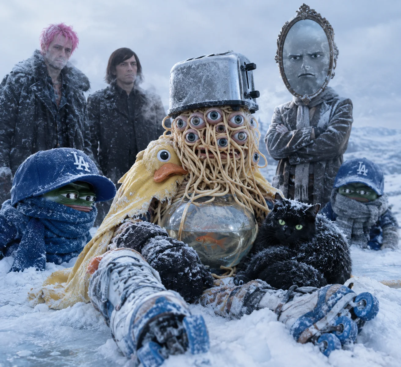 A surreal spaghetti wizard in a toaster hat, fishbowl belly, duck cape, and roller skates shivers in the snow, surrounded by bundled companions and a black cat on a windswept plateau.
