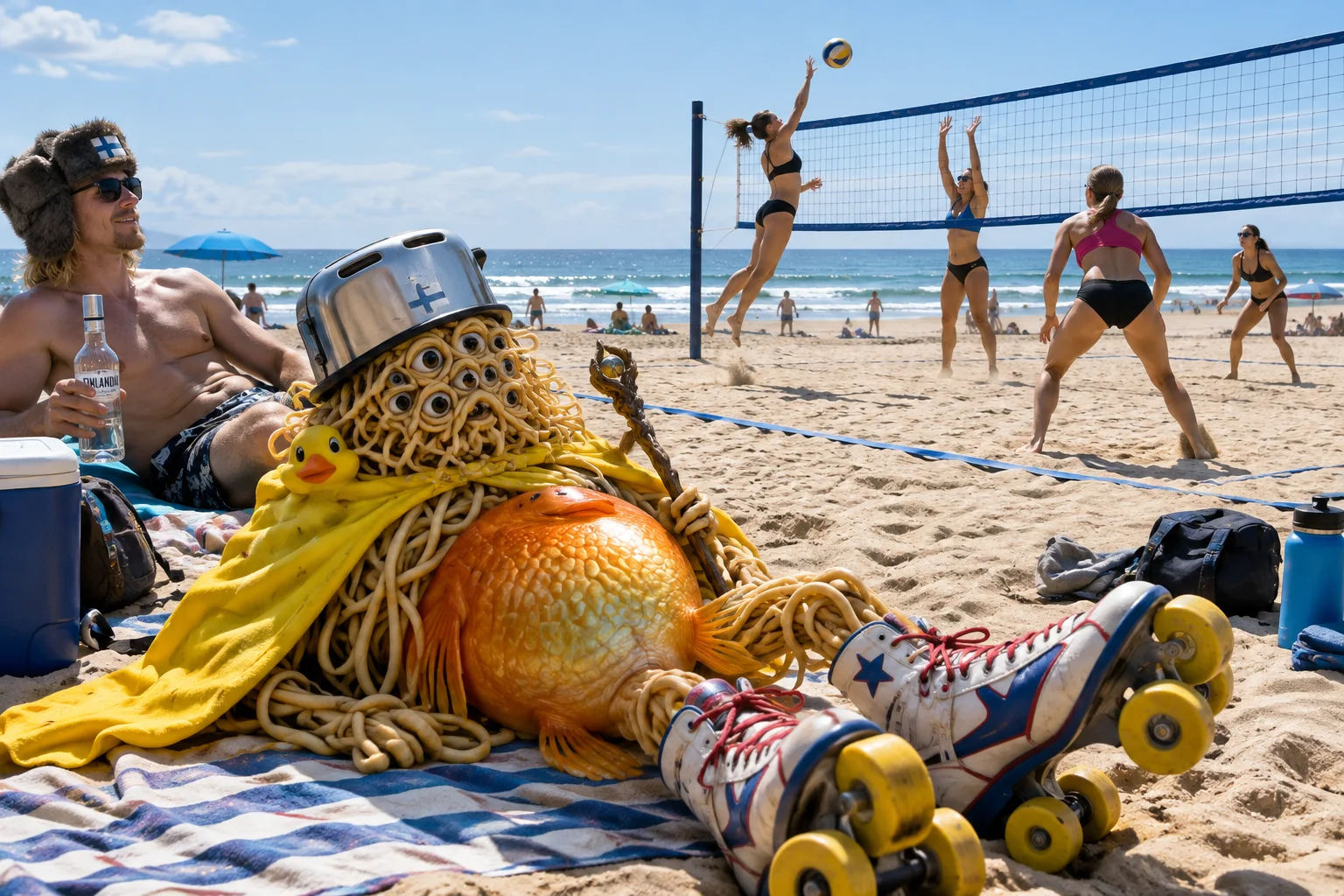 A whimsical twelve-eyed spaghetti wizard lounges on a striped towel in the foreground while women play beach volleyball nearby, with a relaxed man, umbrellas, ocean waves, and bright blue sky completing the sunny coastal scene.