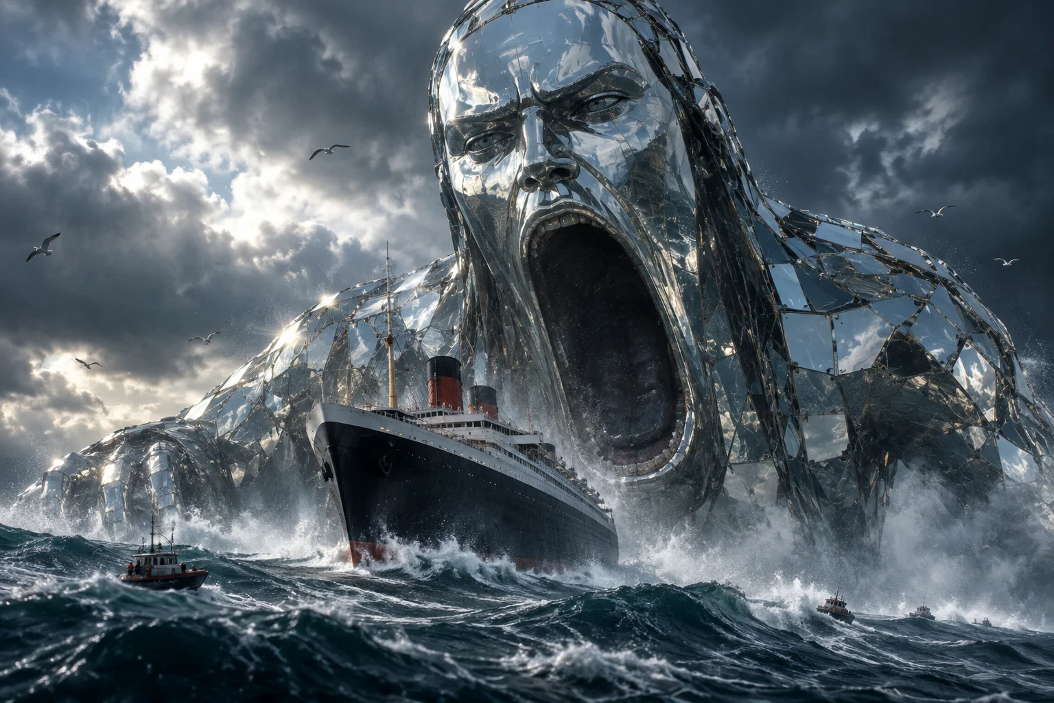 A colossal anthropomorphic mirror creature rises from stormy ocean waves, looming over a tilting ocean liner before its cavernous mouth, with seabirds and rescue boats emphasizing the immense scale.