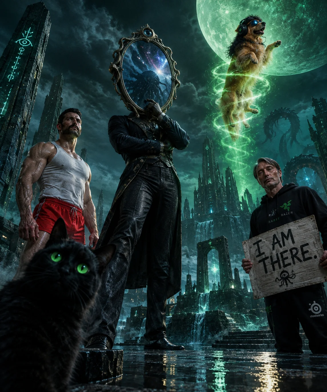 A stern humanoid mirror stands on a wet basalt platform in a sunken alien city, surrounded by a confused cat, muscular man, sign-holding witness, and a levitating golden retriever under a green moon.