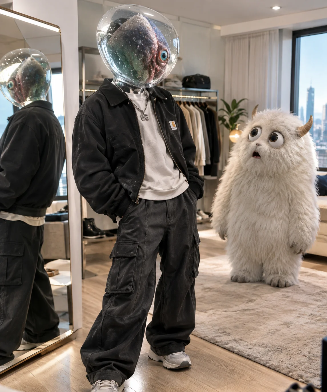 A glass-headed person models streetwear beside a full-length mirror in a bright modern dressing room, while a fluffy horned creature stares in astonishment at the surreal figure.