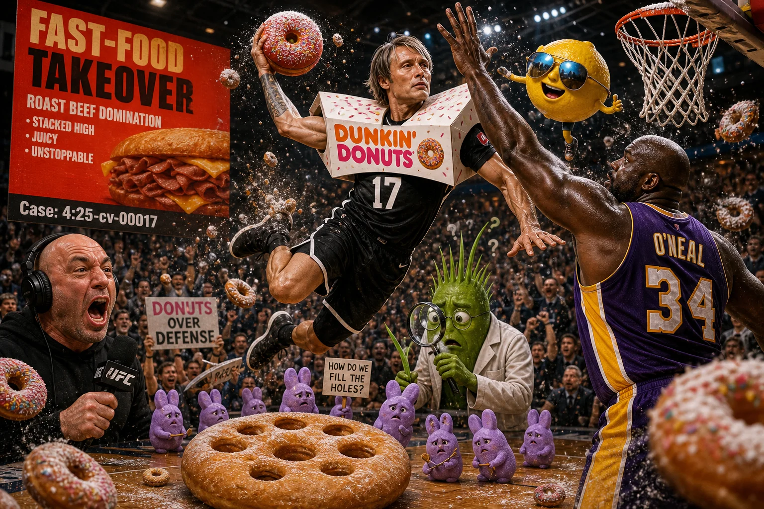 A surreal basketball arena scene shows a black-uniformed player attempting a huge dunk as a towering defender contests, with a sunglass-wearing lemon mascot, cheering courtside spectator, and whimsical donut-themed crowd chaos.