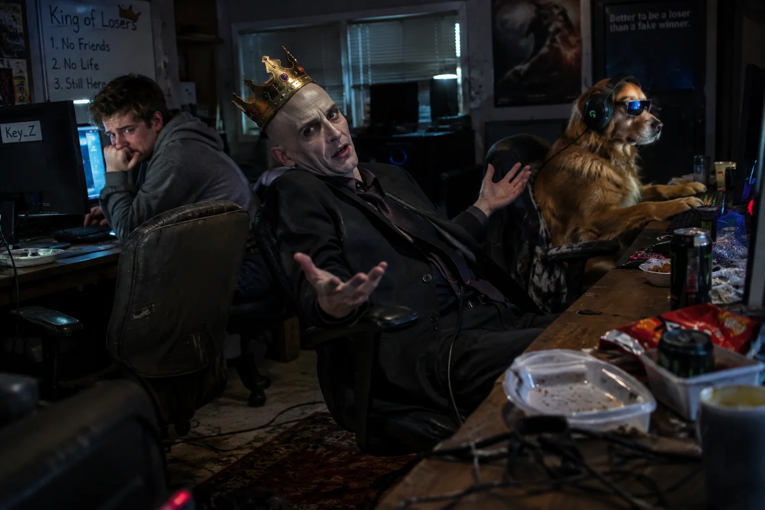 A shabby late-night computer chat room shows a crowned bald man gesturing dramatically, a nervous young man at a glowing computer, and a headset-wearing golden retriever at another workstation amid clutter and dim monitor light.