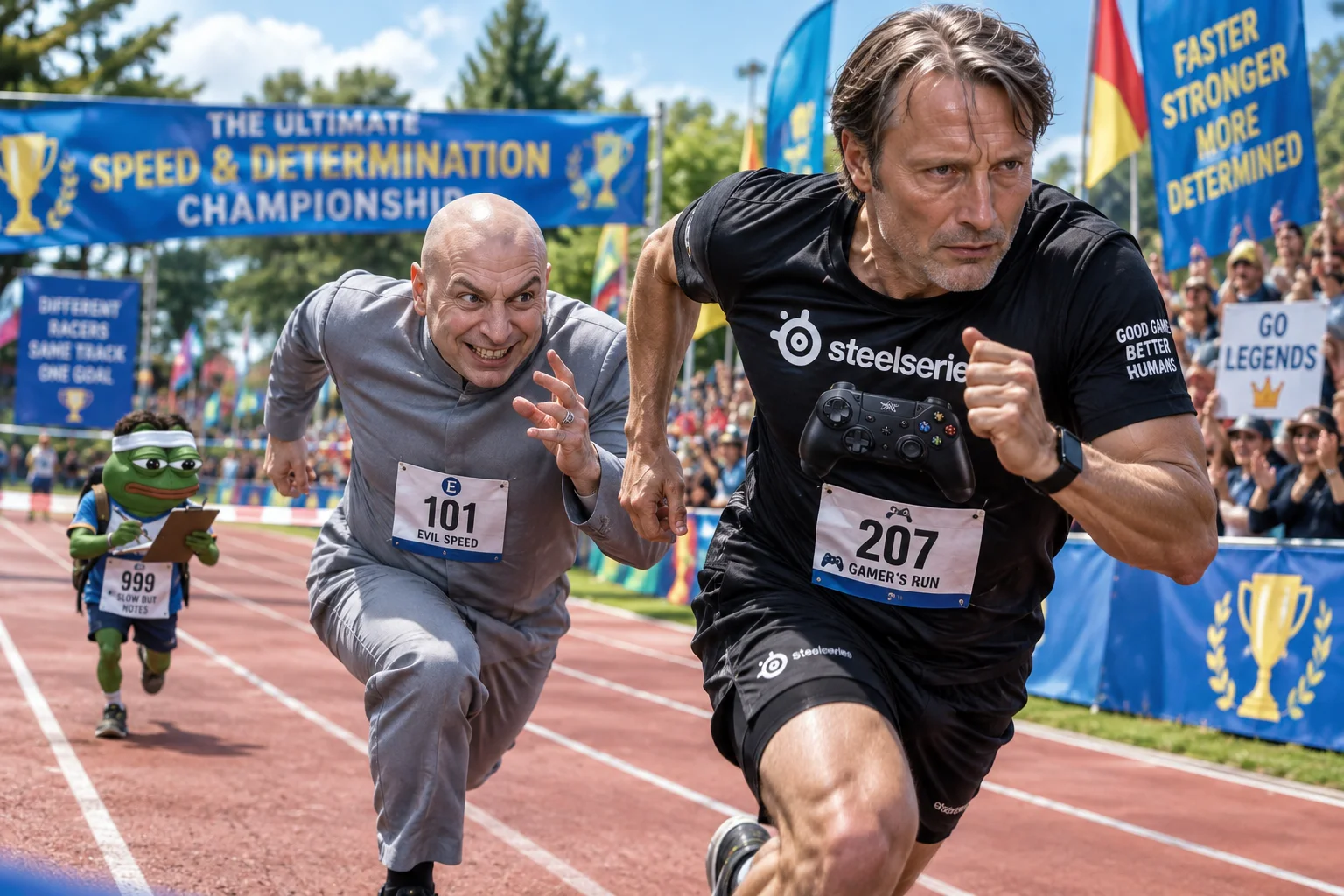 A theatrical villain-inspired racer leads a colorful outdoor championship sprint, with a focused gaming-clad runner close behind and a tiny green frog taking notes farther back as spectators cheer.