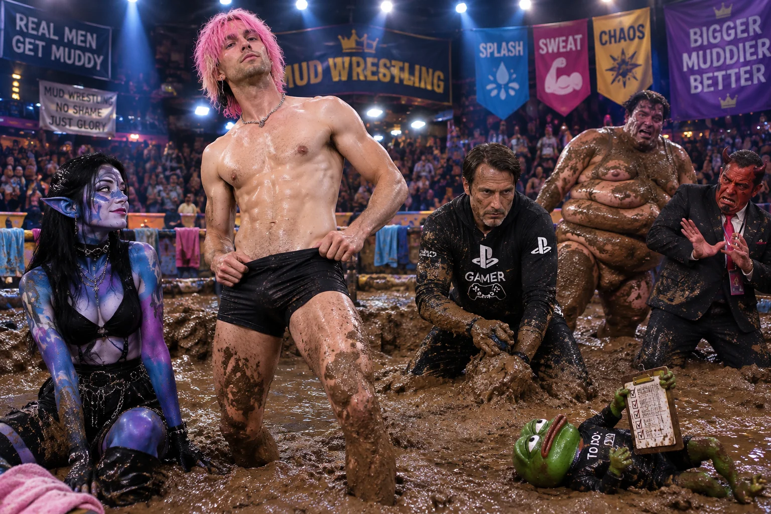 A pink-haired man poses in a muddy wrestling ring while a blue-and-violet-painted goth elf watches, a stern wrestler grapples with a tiny clipboard-holding frog, and bright arena lights illuminate the comic spectacle.