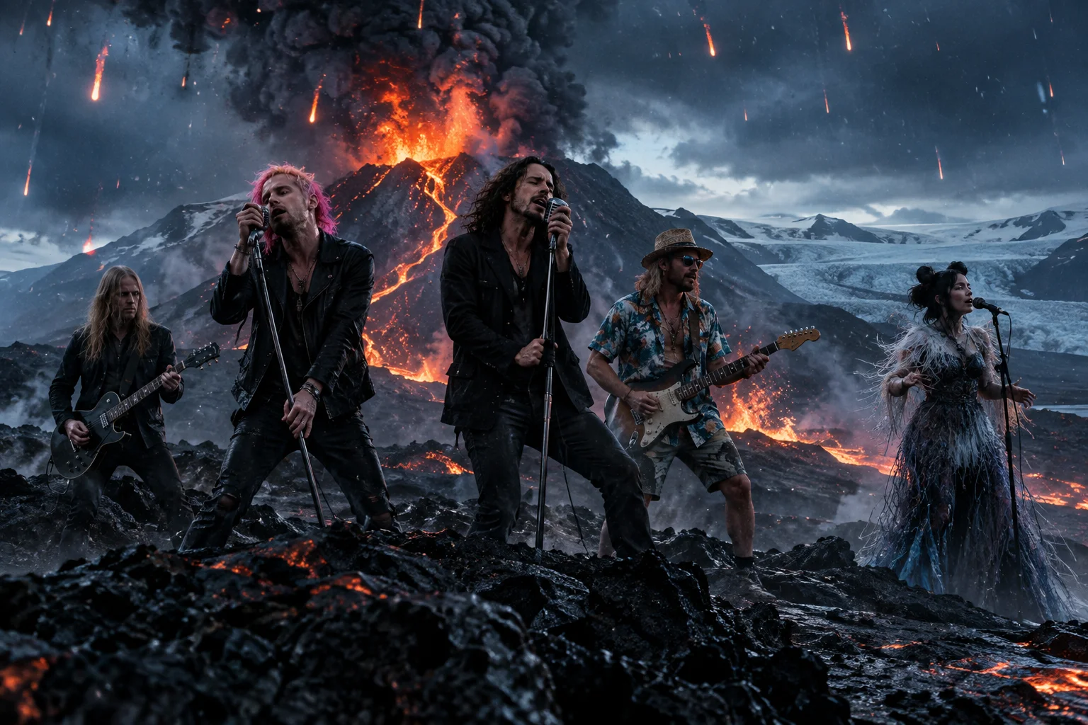 Rock musicians sing and play guitars on a black volcanic ridge as Eyjafjallajökull erupts behind them, with glowing lava, ash, stormy skies, wet rock, and Icelandic glaciers in the distance.