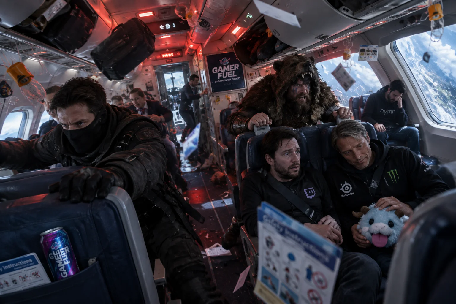 A masked man braces against a seat inside a passenger airplane making a dramatic emergency descent, as loose items and oxygen masks float through the tilted, red-lit cabin.