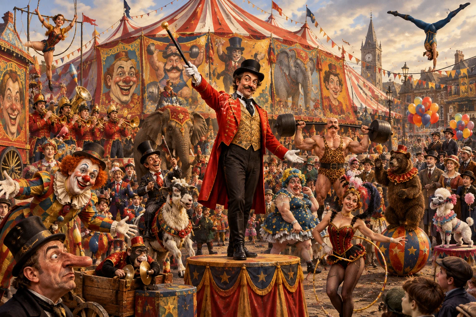 A mischievous ringmaster in a red tailcoat directs a lively parade of circus performers, musicians, clowns, and animals from a platform in a bustling 19th-century town square before a colorful big-top tent.