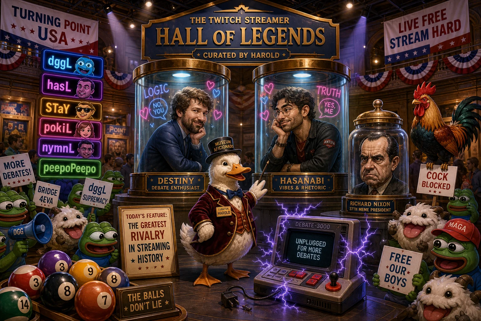 A whimsical museum curator duck displays glass capsules and a jarred bust while mascot creatures cheer beneath neon chat signs in a brightly lit, red-white-blue event hall.