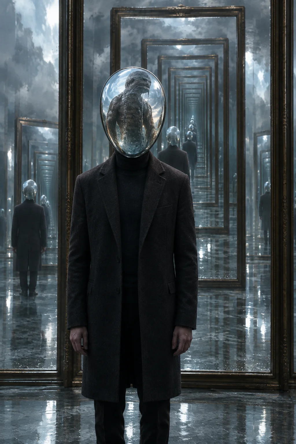 A mirror-headed person stands in a foggy hall of mirrors, reflecting a colossal wet being and endless smaller reflections in a cool, surreal corridor.