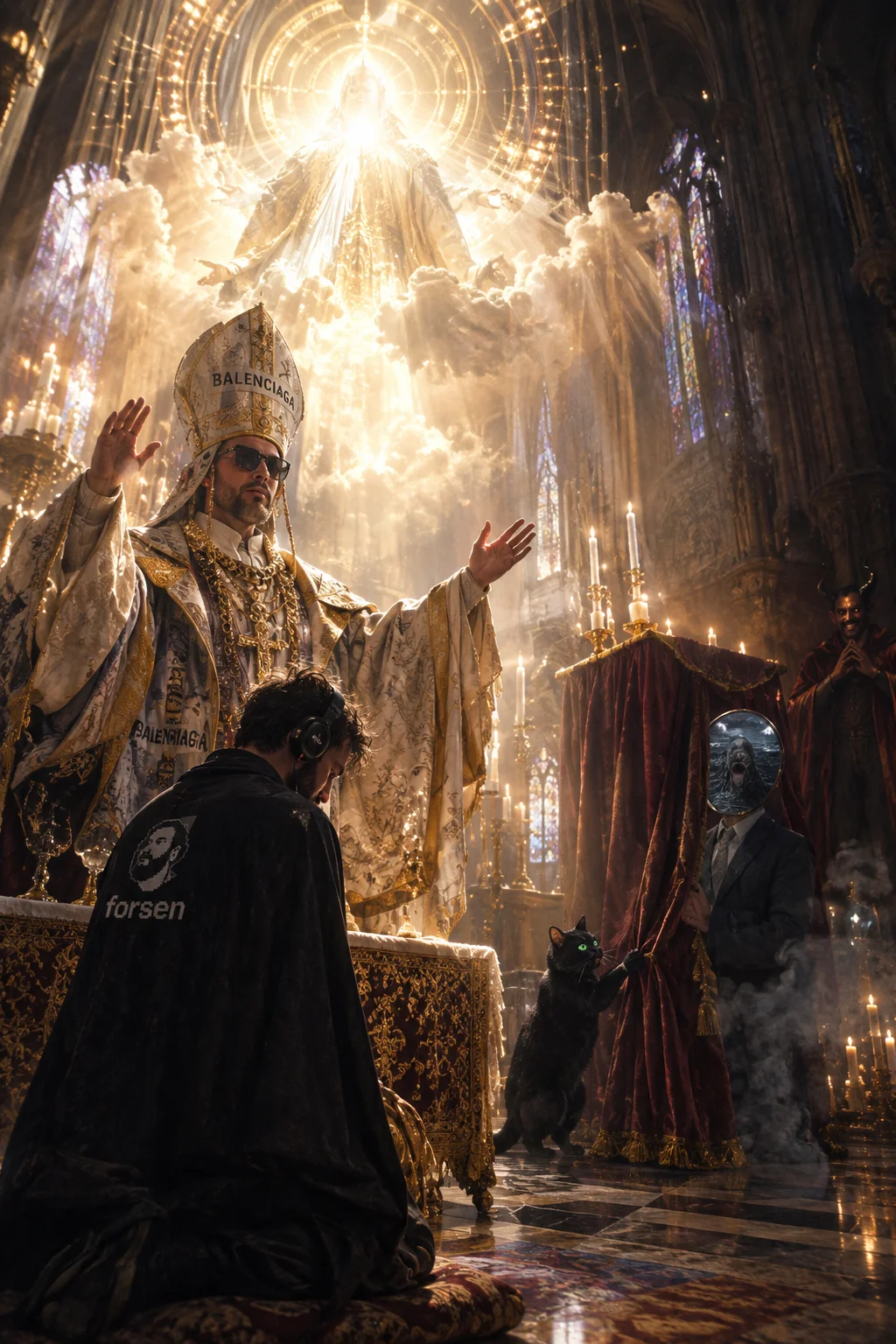 In a shadowy Gothic cathedral, a kneeling man faces a flamboyantly dressed pope raising his hands beneath a radiant heavenly presence, while a green-eyed cat pulls back a curtain and a horned devil watches.