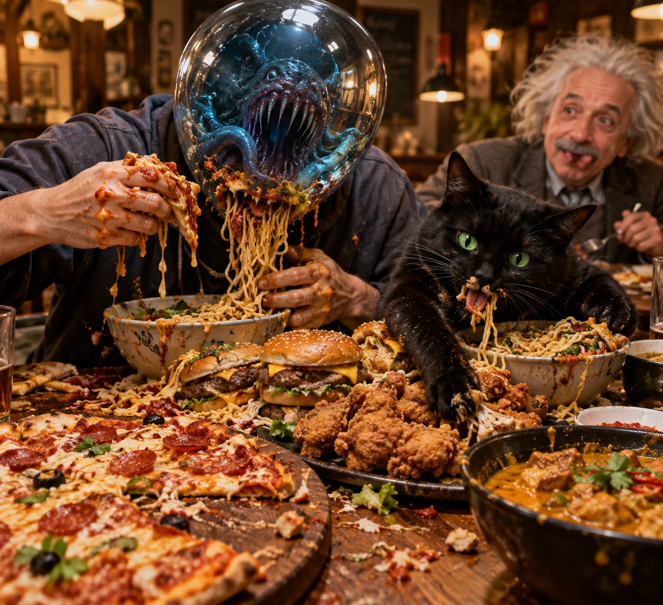 At a rustic dining table, a mirror-headed diner messily eats noodles beside a green-eyed black cat sharing a feast of pizza, burgers, fried chicken, curry, and bowls of noodles, while a hungry disheveled man watches.
