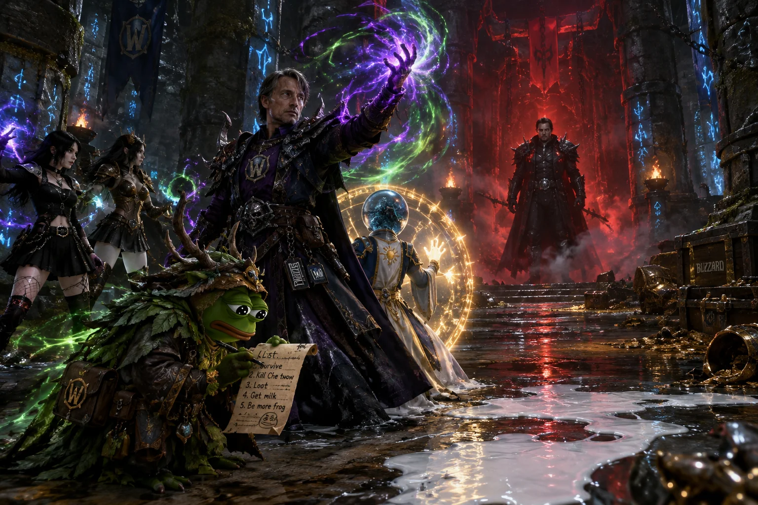 A tiny frog druid frantically takes notes beside an armored warlock casting violet-green magic in a vast rune-lit dungeon, while allies confront a sinister boss amid smoke, treasure, chains, and a reflective puddle of milk.