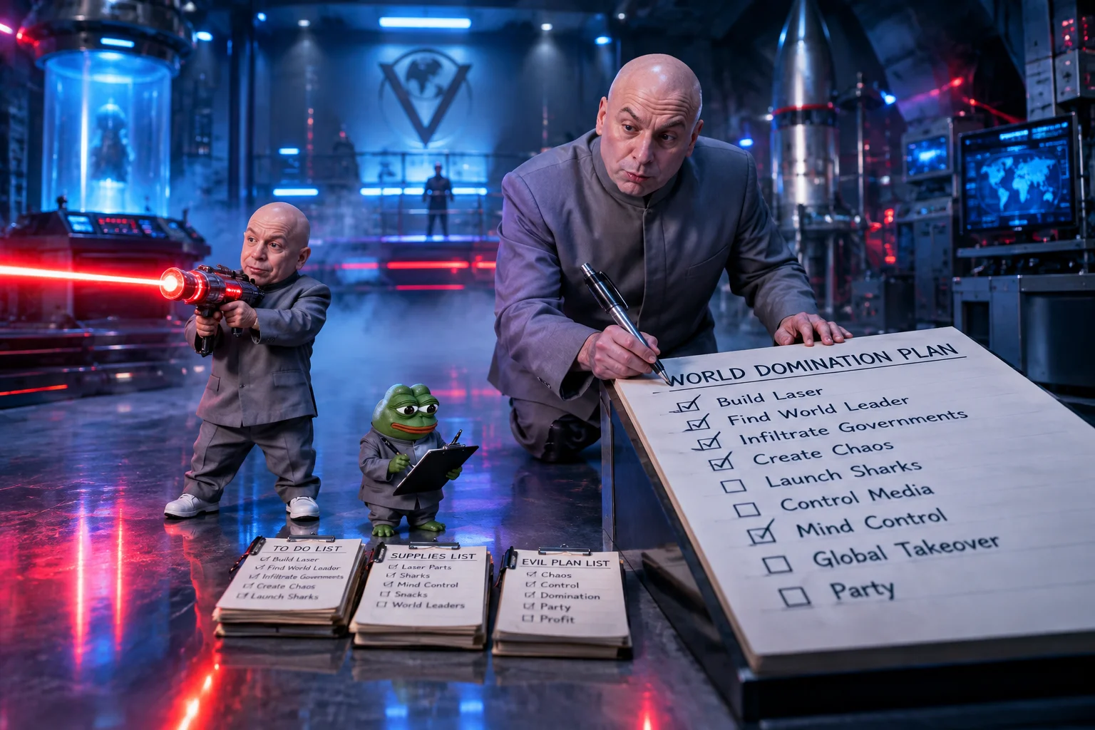 A bald supervillain and his miniature lookalike aim glowing red laser devices in a high-tech laboratory while a tiny green frog takes notes on a clipboard amid dramatic blue and red lighting.