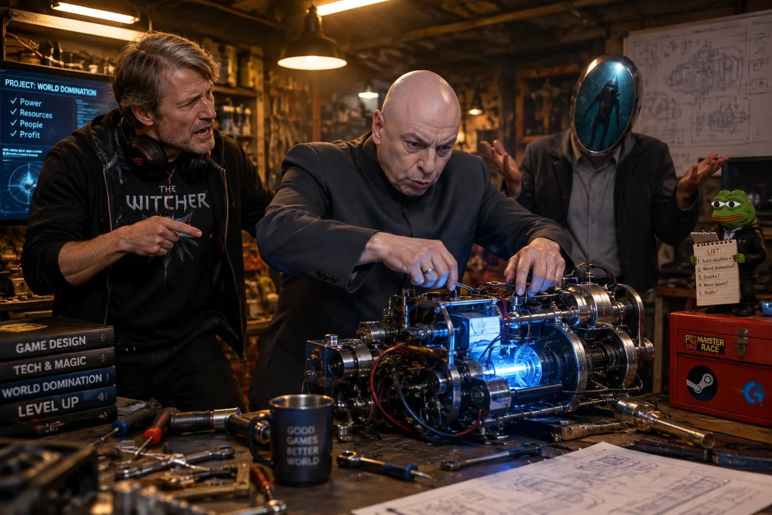 In a cluttered underground workshop, a suited mastermind intensely operates a homemade machine while a frustrated man points beside him, a bewildered mirror-headed figure raises both hands, and a tiny frog takes notes on a toolbox.