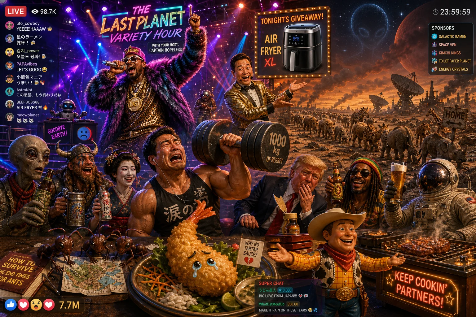A comedic rapper performs on a neon livestream stage while a muscular man dramatically lifts an oversized dumbbell, surrounded by eccentric guests and props on a dying alien planet beneath a polluted orange sky.